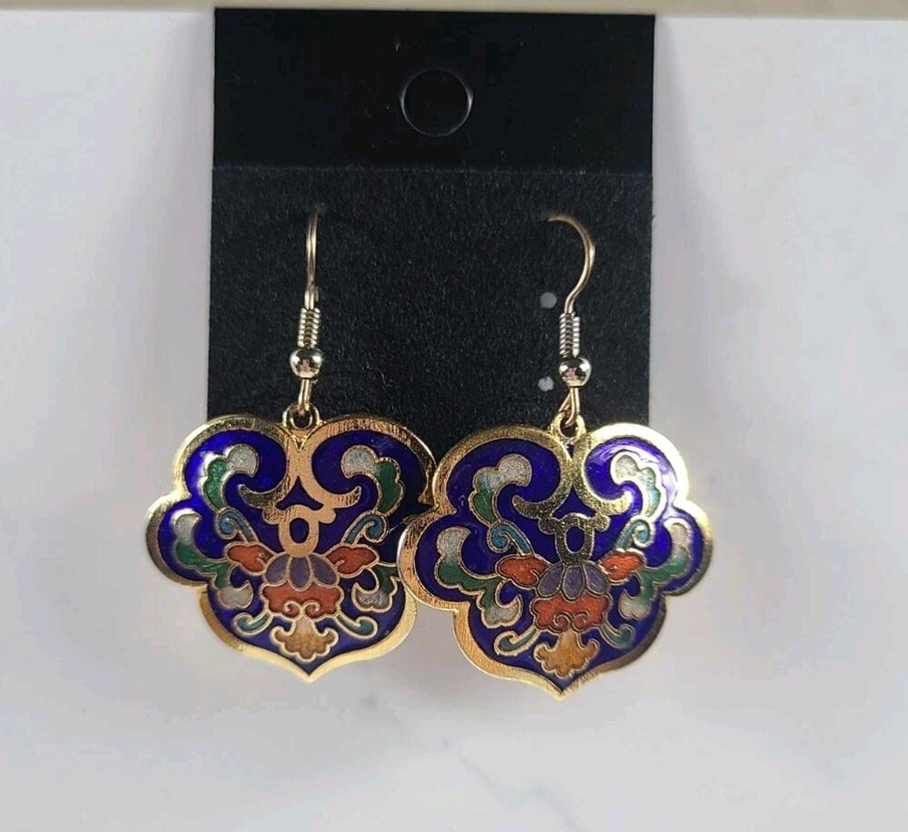Vintage Cloisonne Enamel Dangle Earrings Gold Tone Floral Asian Pierced